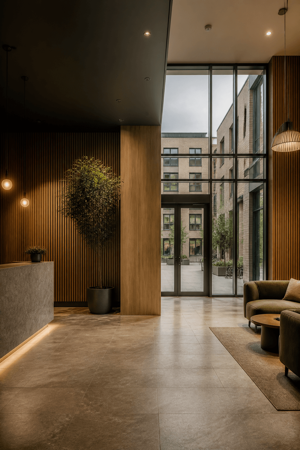 Warm timber reception and lounge in a modern residential building